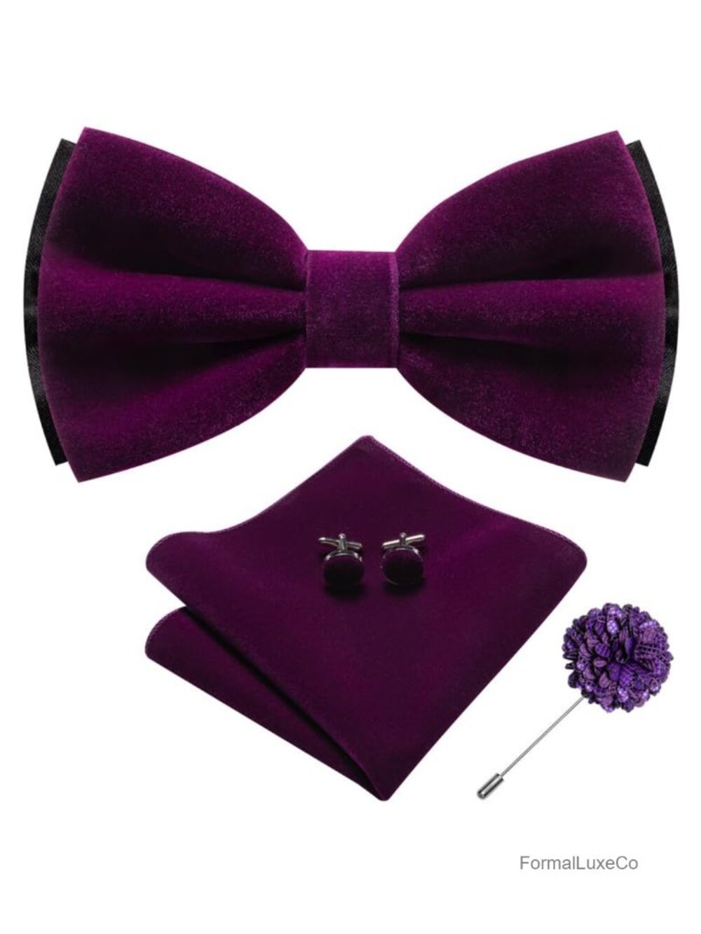 Men's Velvet Bow Tie and Pocket Square Set with Cufflinks and Lapel Pin